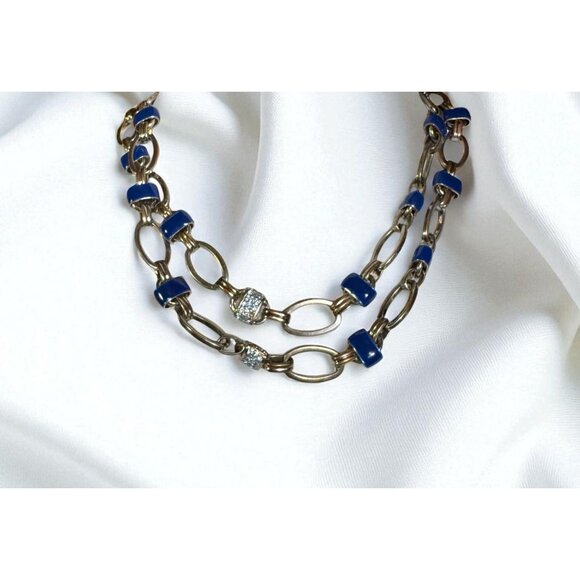 Coldwater Creek Gold-Tone Link Necklace Blue Accents & Rhinestone Details - Picture 2 of 9